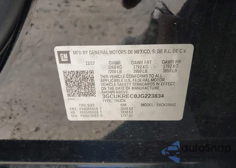 2018 Chevrolet Silverado K1500 Lt из США, поврежденный, VIN 3GCUKREC0JG223834